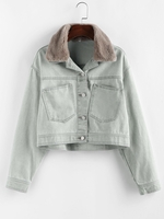 ZAFUL Veste Goutte Epaule avec Poche en Denim à Col en Fausse Fourrure S Bleu clair