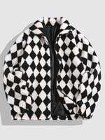 ZAFUL Veste Motif de Losange Zippée en Fausse Laine M Noir