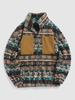 ZAFUL Veste Polaire à Imprimé Ethnique Zippée avec Patch Tribal L Vert profond