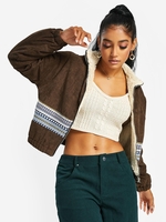 ZAFUL Veste Tribale Imprimée à Doublure en Fausse Fourrure en Velours Côtelé S Café profond