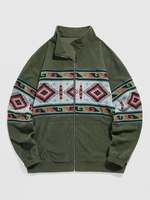 ZAFUL Veste Zippée à Imprimé Ethnique en Laine Jointive en Velours Côtelé L Vert profond