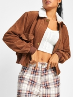 ZAFUL Veste Zippée avec Poche en Velours Côtelé à Col en Fourrure M Brun