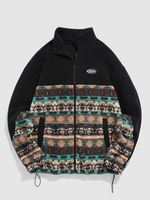 ZAFUL Veste Zippée Fourrée Motif Géométrique à Imprimé Ethnique Aztèque Xxl Noir