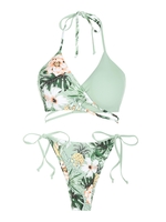 ZAFUL ZAFUL Maillot de Bain Bikini à Imprimé Feuille Floral Croisé à Col Halter Taille unique Vert