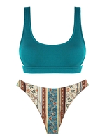 ZAFUL ZAFUL Maillot de Bain Bikini Bohème Côtelé à Imprimé Ethnique S Vert profond