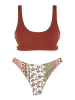ZAFUL ZAFUL Maillot de Bain Bikini Bohème Côtelé Découpé à Imprimé Ethnique S Café
