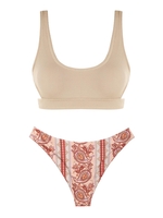 ZAFUL ZAFUL Maillot de Bain Bikini Bohème Côtelé Découpé à Imprimé Ethnique S Café lumière