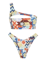ZAFUL ZAFUL Maillot de Bain Bikini Bohème Fleuri Zigzag Découpé à Une Epaule Taille unique Multi a