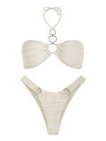 ZAFUL ZAFUL Maillot de Bain Bikini Brésilien Texturé à Coupe Haute en Jacquard à Col Halter S Café lumière