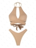 ZAFUL ZAFUL Maillot de Bain Bikini Rayé Ondulé à Jambe Haute à Col Halter Taille unique Café