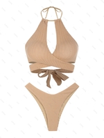 ZAFUL ZAFUL Maillot de Bain Bikini Rayé Ondulé à Jambe Haute à Col Halter Taille unique Café