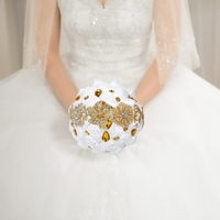 18cm broche de mariage fait à la main diamant mariée Bouquet Satin Rose fleur avec des perles artificielles strass décorés pour fournitures de mariage de mariée - blanc et or