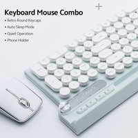 2.4G Clavier Souris Combo Fonctionnement Silencieux Mode Veille Automatique Boutons Multifonctions Rétro Ronde Clé Caps Support De Téléphone,  Noir
