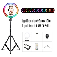 26cm / 10 pouces RGB Ring Light LED Fill Light Dimmable USB Alimenté avec trépied de bureau Support de lumière en métal Double support de téléphone Télécommande à obturateur à distance pour la diffusion en direct de vidéo en ligne Selfie Maquil