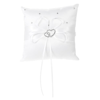 6 * 6 pouces Porte-bières à double coeur en satin Ensemble oreiller et mariage Ensemble de chariot à fleurs avec strass Ruban Décor Blanc