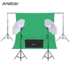 Andoer Kit Photographie 2 * 3m Backdrop stand 1.8 * 2.7m vert Muslin Backdrop 2Pcs 135W 5500K Blanc Daylight Ampoules avec 2 prises pivotantes 2Pcs Stands 33 "White Soft Light Umbrella 2Pcs Light pour Photo Studio