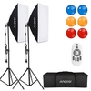 Andoer Studio Photography Softbox RGB LED Light Kit comprenant 20 * 28 pouces Softbox * 2 / 5500K 35W LED Light * 2 / Filtres de couleur * 6 (rouge / jaune / bleu) / 2M Light Stand * 2 / Télécommande sans fil * 1 / Sac de transport * 1 pour la prise de 