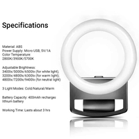 Anneau lumineux portable Selfie avec batterie rechargeable et gradateur Mini anneau de beauté LED à clip avec lumières blanches / chaudes / neutres pour téléphone portable
