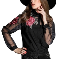 Bouton New Vintage Femmes Applique Blouse Floral Bas Organza Splicing chemise manches longues noir / blanc