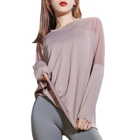 Chemise de sport femme col rond à manches longues épissure en maille respirant séchage rapide anti-humidité course à pied Gym Yoga vêtements de sport
