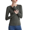 Chemise de sport pour femmes couleur unie col rond à manches longues moulante poche trou de doigt Yoga course Gym haut sweat-shirt