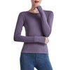 Chemise de sport pour femmes couleur unie col rond à manches longues moulante poche trou de doigt Yoga course Gym haut sweat-shirt