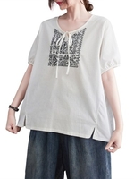 Chemisier ample pour femme Broderie à manches courtes T-shirts de vacances vintage grande taille