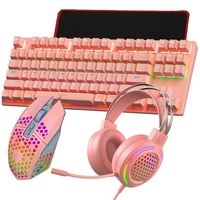 Ensemble de jeu PC Clavier à 87 touches Interrupteur bleu Filaire Programmable 8000 DPI Souris Filaire 7.1 Surround Sound Casque avec micro Tapis de souris,  Rose