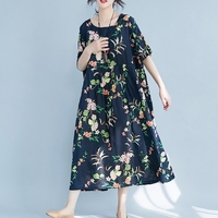 Ethnique Femmes Robe Colorée Imprimé Floral Poches Latérales Plissée À Manches Courtes Maxi Robe Lâche Une Pièce