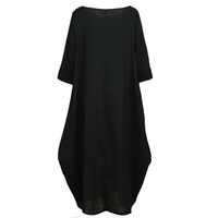 Ethnique Femmes Robe Solide Coton Poche Col Rond Manches 3/4 Lâche Baggy Vintage Maxi Robe Robe One-Piece