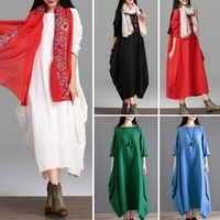 Ethnique Femmes Robe Solide Coton Poche Col Rond Manches 3/4 Lâche Baggy Vintage Maxi Robe Robe One-Piece