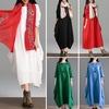 Ethnique Femmes Robe Solide Coton Poche Col Rond Manches 3/4 Lâche Baggy Vintage Maxi Robe Robe One-Piece