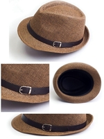 Fashion femmes hommes chapeau Fedora Trilby chapeau paille plage bloquent avec ceinture unisexe café