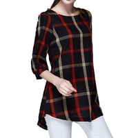 Fashion Plaid Lace Up Tunique Blouse O Neck 3/4 Sleeve Plus Size Vintage Plaid Women Blouse