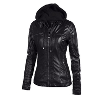 Faux cuir Veste à capuche Femme Hoodie Zippered court Slim Motorcycle Jacket Coat