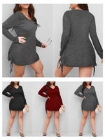 Femmes à manches longues robe avec cordon de serrage col en V Plus taille Mini robe