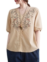 Femmes Blouse ample broderie à manches longues grande taille Vintage vacances T-Shirts