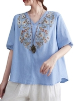 Femmes Blouse ample broderie à manches longues grande taille Vintage vacances T-Shirts