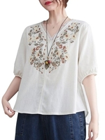 Femmes Blouse ample broderie à manches longues grande taille Vintage vacances T-Shirts