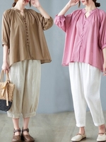 Femmes Blouse ample demi manches boutons surdimensionné T-shirts occasionnels