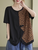 Femmes Blouse ample léopard épissage à manches courtes T-shirts irréguliers