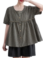 Femmes Blouse ample Plaid à manches courtes boutons Vintage vacances T-Shirts