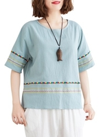 Femmes Blouse ample rayé brodé demi manches Vintage T-shirts