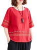 Femmes Blouse ample rayé brodé demi manches Vintage T-shirts
