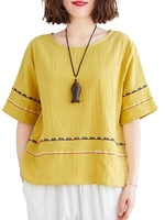 Femmes Blouse ample rayé brodé demi manches Vintage T-shirts