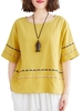 Femmes Blouse ample rayé brodé demi manches Vintage T-shirts
