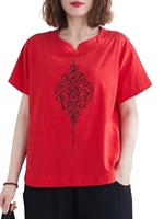 Femmes Blouse ample Vintage brodé à manches courtes T-shirts