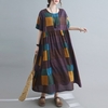 Femmes Coton et Lin Robe Vintage Plaid Imprimer O Cou Demi Manches Robes Casual Lâche Surdimensionné Maxi Longue Robe
