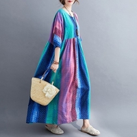 Femmes Coton Lin Robe Imprimé Floral Poches Mi-mollet Lâche O-Cou Manches Courtes Plus La Taille Casual