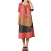 Femmes Coton Robe Vintage Contraste O Neck Manches Courtes